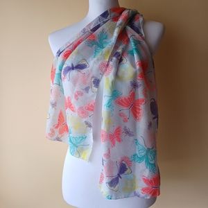 NWT Butterfly & Bee Scarf Women's Sheer White with Vibrant Colorful Pattern